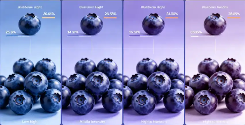 Blueberry Extract 25% Anthocyanins Fruit color phenotype under different light intensity (A) Blueberry Extract 25% Anthocyanins Fruit color phenotype under different light intensity (A)