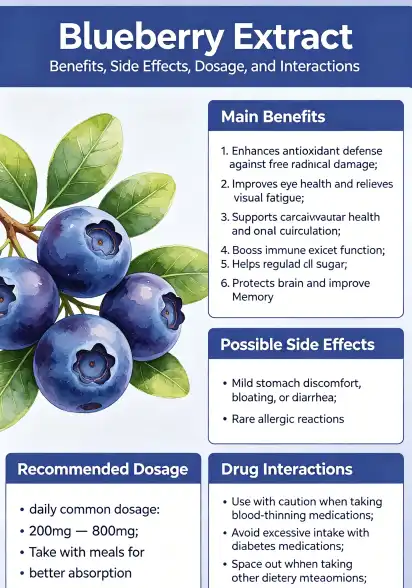 Blueberry Extract: Benefits, Side Effects, Dosage, and Interactions Blueberry Extract: Benefits, Side Effects, Dosage, and Interactions