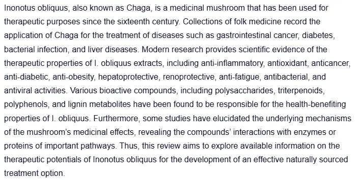 Full article: Therapeutic properties of Inonotus obliquus (Chaga mushroom): A review