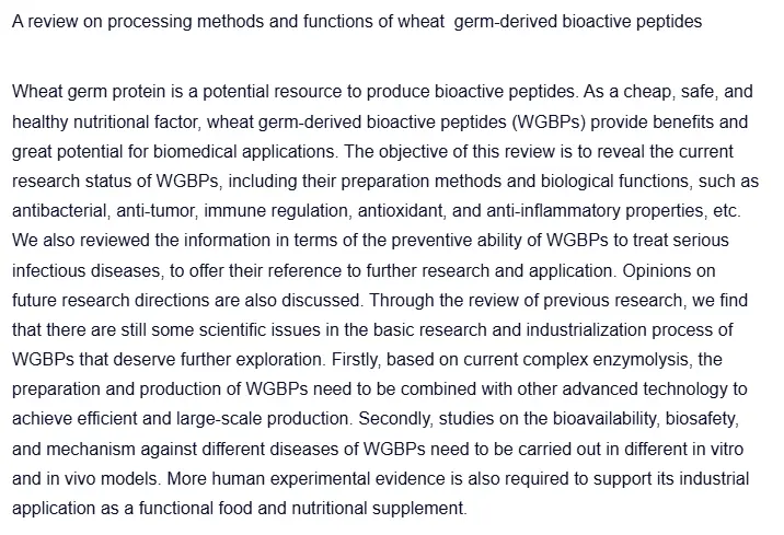 Full article: A review on processing methods and functions of wheat germ-derived bioactive peptides Full article: A review on processing methods and functions of wheat germ-derived bioactive peptides