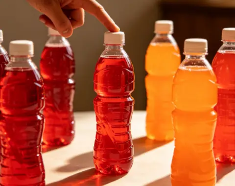 A person points to a red sports drink bottle. Several other bottles of red sports drinks and two orange sports drinks are also on the table. 