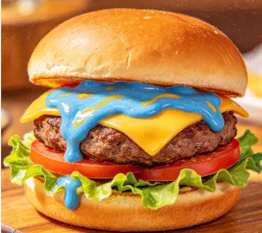A burger with blue mustard sauce and traditional bread on Craiyon