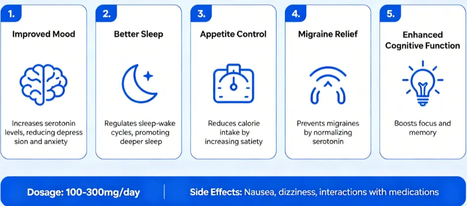 5 Science-Based Benefits of 5-HTP (Plus Dosage and Side Effects) 5 Science-Based Benefits of 5-HTP (Plus Dosage and Side Effects)